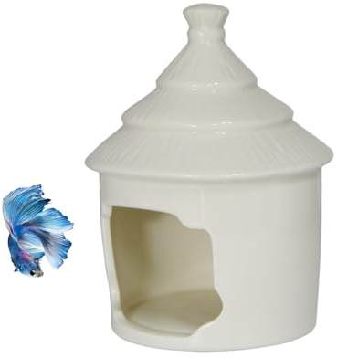 Saim Cute Aquarium Decorations Ceramic Palace Little Grass Hut Shaped Toad House, Betta Fish Tank Accessory Decor Ornament Hideout Pleco Cave for Fish Playing or Hiding - White