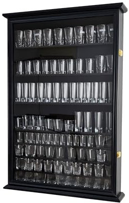 arborishthink Shot Glass Display Case, Acrylic Door, Solid Wood, Lockable, Adjustable Shelves, Holds 144 Standard/72 Tall Shot Glasses (Black)