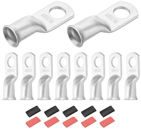 DMiotech 10 Pcs 4 AWG - 5/16 Tinned Copper Cable Lugs, Battery Cable Ends, Heavy Duty Copper Wire Lugs with 10pcs Heat Shrink Tubing for Electrical Projects, Silver