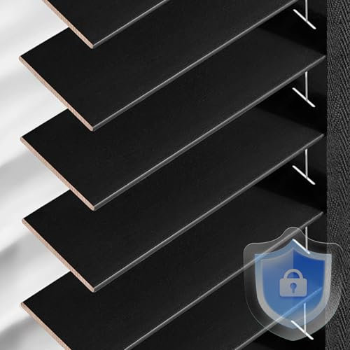 50 mm schnurlose Massivholzrollos für Fenster, horizontale Jalousien, Sichtschutz, Verdunkelung, B 20–160 cm, Holzrollos für Schlafzimmer, Wohnzimmer, Wärmedämmung (schwarz)