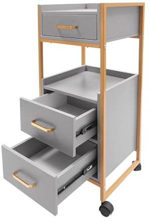 Friseurwagen mit 3 Schubladen, Rollwagen mit 4 Rädern und 1 Föhnhalter, Servierwagen, Multifunktionaler Friseur-Spa-Rollwagen, 32x36x87cm (Gold+Grau)