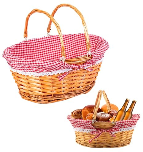 ADEPTNA Lightweight Wicker Shopping Basket with Foldable Handles – Handwoven Willow Hamper with Red Gingham Cotton Liner – Gift, Picnic, Easter, Toy, Garden, Storage Basket (2PCS (LARGE + SMALL))