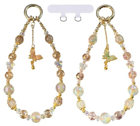 BelleVive 2 Stück Perlen-Charm-Gurt, Kristallarmband-Handgelenkband, Anti-Verlust-Handschlaufe, Anhänger, Hängeseil, süßer Telefon-Schlüsselanhänger, Hüllenzubehör für Kamera, Brieftasche