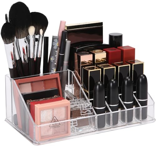 Sea Team 16-Slot Acrylic Plastic Lipstick Organizer, Clear Lipstick Holder, Makeup Storage Box, Cosmetic Display Case for Lippie, Lip Gloss, Eye Liner, Eyebrow Pencil, Nail Polish, Essence, Brush