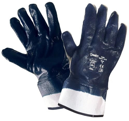 Guanti da lavoro blu/bianco NBR spalmati nitrile, resistenti all'abrasione, oli, idrocarburi e agenti chimici con polsino di sicurezza, benzinai, taglia tg. 9/10, 10 paia (9)