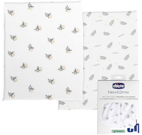 Chicco Bambufiberlakansset, 2-delat sänglakan med hörn, kompatibelt med madrasser 50 x 83 cm, fantasi, blad och sniglar, tillverkad av bambufiber