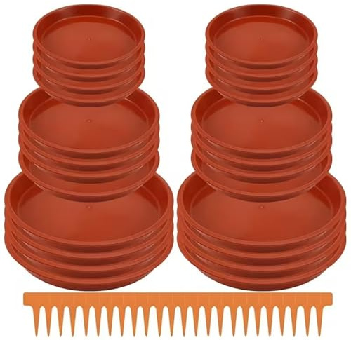 NISHZHU 24 Pcs Plant Pot Saucers with Label (16/20/24cm) Plant Saucer Drip Trays for Plant Round Plant Pot Trays Waterproof Plant Pot Saucers for Indoor Outdoor Garden Decor (Red)
