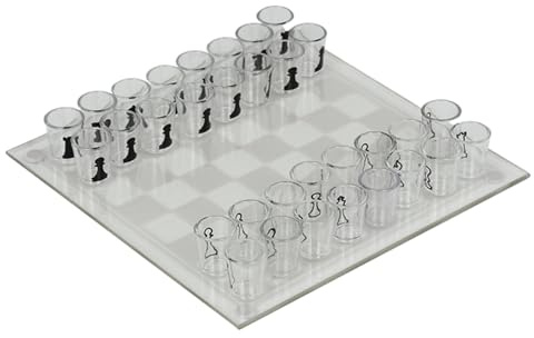 Schachspiel aus transparentem Schnapsglas, 25, 4 x 25, 4 cm großes Schachbrett aus Glas mit 32 Bechern und Schachfiguren, Trinkschnaps-Schachspiel, lustige Schachspiele für Erwachsene, Schnapsschac
