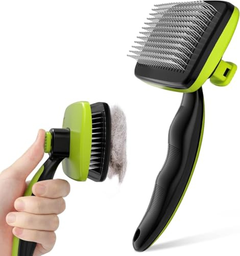 Wayzu® Self Cleaning Slicker Brush for Cat and Dog,Anti Slip Handle,Pet Hair Remover Brush for Shedding & Grooming,Smooth Handle, One Click Cleaning Button,Cat/Dog Message Bristles