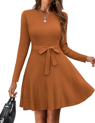 HOTOUCH Robes pull pour femmes UK - Robe décontractée à manches longues de coupe A avec ceinture - Robe moulante en tricot - Taille S-XXL, caramel, L