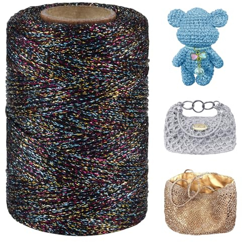 LEREATI Metallic Häkelgarn 3mm x 100m Makramee Garn zum Häkeln & Stricken Glitzergarn Polyester Garn für Handtaschen Hut Korb Häkeln, DIY Bastelarbeiten (Buntes Schwarz)