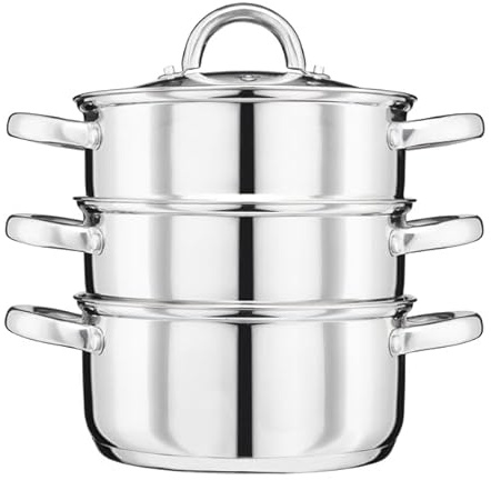 Cooks Professional 3 Tier Stainless Steel Steamer Pan | Durable Vegetable Steam Cooker Pots with Glass Lid, Vent & Twin Handles | Suitable for All Hobs Inc Induction | Dishwasher Safe | 18cm Diameter
