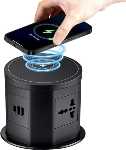 Pop Up Sockets for Kitchen Worktops, Touchscreen Automatic, 4 x UK Plugs, 2x USB-A, 1x Type-C Port Hidden Recessed Desk Power Extension Socket with 15W Wireless Fast Charger for Worktops Desktop