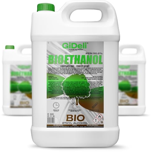 GiDeli Bioéthanol Parfum forêt 96,6 % éthanol pour intérieur et extérieur Sans fumée ni suie 3 x 5 l À base de maïs et de betterave sucrière