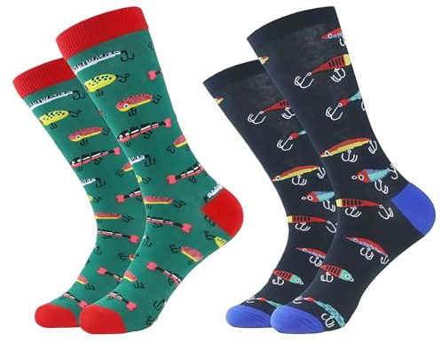 MOAZIFI 2 Paar Angeln Socken Lustige Geschenke für Angler Männer Baumwollsocken Angel Zubehör Angler Geschenk Set Bequeme Atmungsaktive Angelsocken für Alltag Freizeit & Outdoor