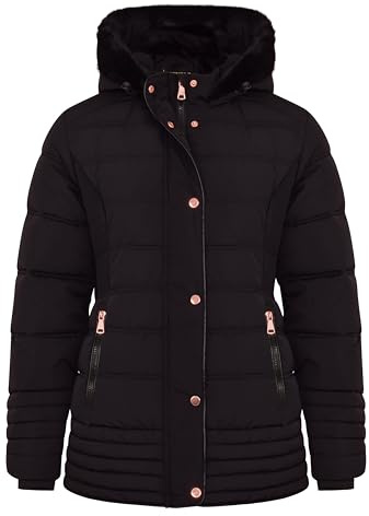 Spindle Womens Ladies Hooded Black Short Fur Parka Quilted Padded Puffer Coat | Zip Side Pockets | Faux Fur on Hood | Fleece Lined Body and Hood Black 18