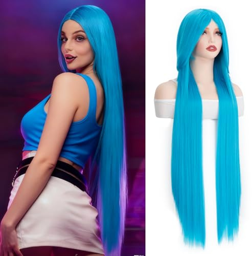 PARXITN Damperuk blå peruk med lugg 100 cm lång vågig lockig för kvinnor cosplay halloween kostym karneval karneval