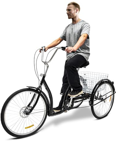 TONFEION 26 Zoll Dreirad für Erwachsene, 3-Rader Fahrrad mit Einkaufskorb & Licht, 3-Räder Dreirad für Erwachsene & Senioren 6-Gang, Lastenfahrrad Tragfähigkeit 120kg, Schwarz