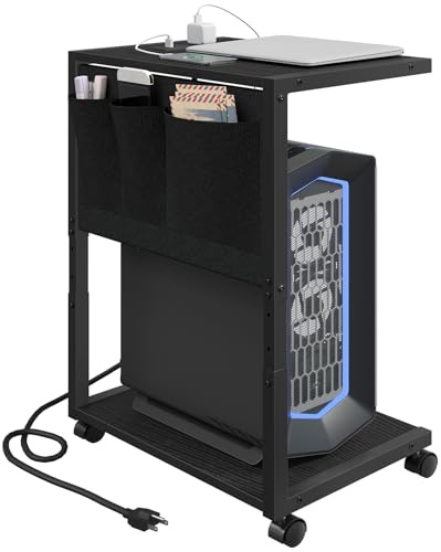 YATINEY PC Stand, Computer Tower Stand with Charging Station, Height Adjustable PC Tower Stand for Floor, 2 Tier Computer Cart On Wheels, 23.1 -29 H, for Home Office, Gaming Room, Black CJ60BB