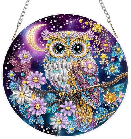 KEYIFA 5D Eule im Mondlicht Diamond Painting Fensterbilder Erwachsene, DIY Diamond Painting Beidseitig Anhänger, Hängende Art Window Pictures Kit für Wohndeko Gift 20x20cm