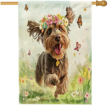 Bandiera tedesca primaverile con puntatore a pelo metallico, 71 x 101 cm, per esterni, con farfalle divertenti, bandiera verticale standard in lino, decorazione per esterni