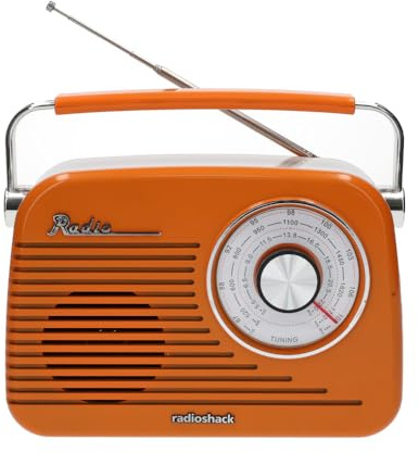 RadioShack Portable Retro AM/FM/SW Radio with Bluetooth, Rechargeable Battery, High-Power Speaker, USB and microSD Playback, 3.5mm Input, Orange, Model 4001802