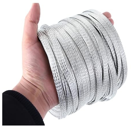 5M/10M Pure Copper Shield Cable Sleeve Tinned Braided Bare Ground Metal Sheath Screening Signal Wire Flat Conductive Tape(Tined Copper,18mm,10M)