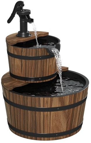 Aoxun Brunnen Holz, Gartenbrunnen mit Pumpe, Holzbrunnen Holzfass Zierbrunnen, für Springbrunnen Gartendeko, Garten Rasen Terrasse Hinterhof, 44,5 x 61 cm, Braun