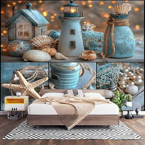 Papel Pintado Infantil 200x140 cm Estrella de Mar Caracola Faro Decoración de Habitaciones y Salones Azul Fotomurales Tejido No Tejido para Niños y Niñas Interior Papel Pintado Pared
