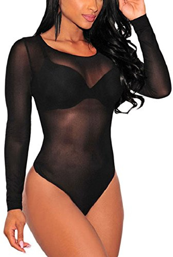 SEBOWEL Sexig genomskinlig nätbody för kvinnor, genomskinlig långärmad trikåtopp, klubb, fest, bodycon-blus, t-shirt, nr 3 svart, L