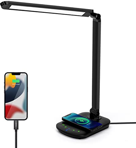 Aigostar Lámpara de Escritorio LED, Flexo LED Control Táctil 8W con Cargador Inalámbrica y USB porto, Lampara LED con 5 Niveles de Brillo y 2 Modos de Iluminación, Luz Blanca a Cálida (2700K-6500K)