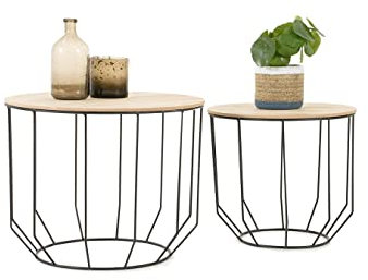 LIFA LIVING 2 Moderne Couchtische rund, 2X Beistelltische mit abnehmbaren Deckel, Industrial Design Korbtische aus Holz & Metall, Belastbarkeit bis zu 20 kg