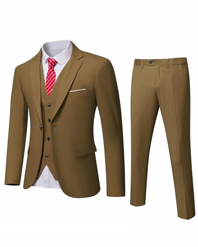 YND Completo da uomo slim fit, 3 pezzi, giacca a tinta unita con un bottone, gilet, pantaloni, con cravatta, cachi, L