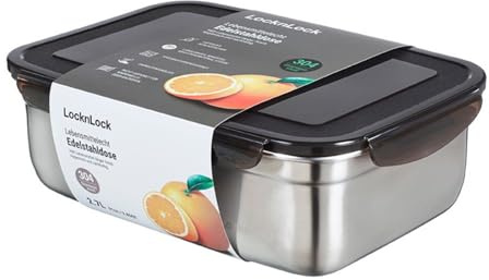LocknLock Edelstahl Vorratsdose mit Deckel, 2,7 L, 265 × 185 × 85 mm, BPA-Frei, Spülmaschinengeeignet, Gefriertruhengeeignet bis -20°C, Edelstahl Aufbewahrungsbox mit Deckel
