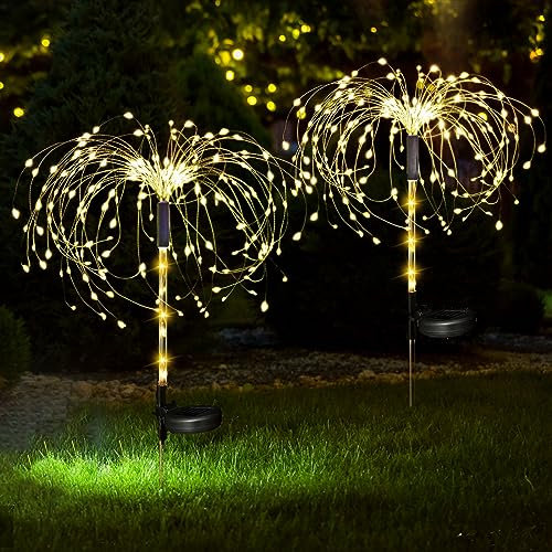 XRR Luci Solari per Giardino Esterno, 2 Pezzi 120LED Fuochi d'artificio illuminanti Energia Solare 2 Modalità lampada decorativa a fiori impermeabile per Vialetto Natale Recinzione(bianco caldo)