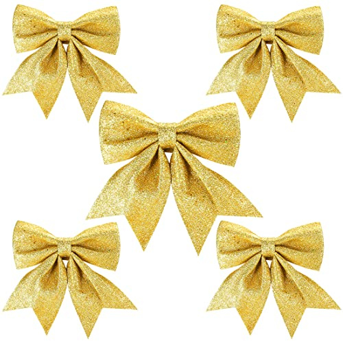 Aurasky Lazos de Navidad Dorados, 5 Unidades de Lazos para árbol de Navidad Dorados, Lazos de Navidad Grandes, Lazos navideños con Purpurina, 24 y 18 cm