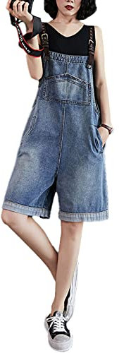 Sukany Women's Classic Adjustable Straps Cuffed Hem Denim Shortalls Casual Bib Overalls Jean Shorts Romper Blue L