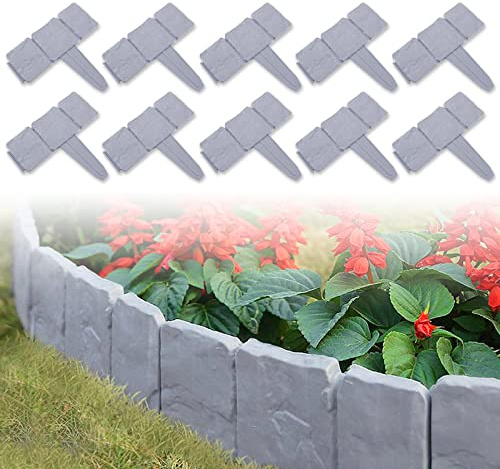TRMLBE Rasenkante 20pcs 5m Kunststoff Beetumrandungen T-Form Steinoptik Gartenzaun PP-Material Rasenkantenprofile mit Schnell-Verbindung Beetbegrenzung Beeteinfassung für Garten Deko, Grau