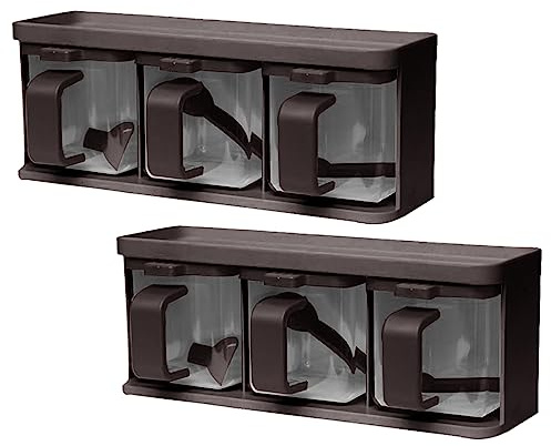 (Set of 2) - 3 Piece Spice Jars 3 Grids Spice Rack with Spoons Lid and Handle Plastic Storage Container Canister Seasoning Box Herb Spices Tea Coffee Sugar Salt Storage Condiment Set Spice Pots -Brown