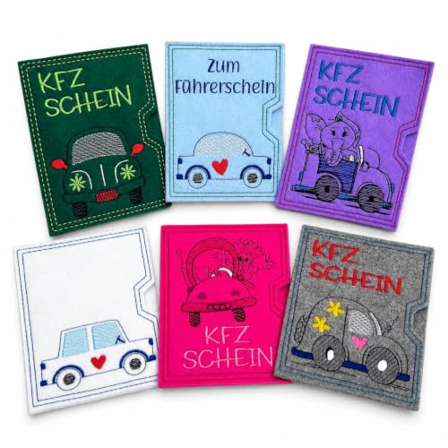 Personalisierte KFZ-Scheinhülle aus Filz – mit Wunschtext & Motiv | Bestickte Fahrzeugdokumentenmappe – Geschenk für Fahranfänger & Autofahrer, Fahrzeugschein, KFZ-Schein, Geschenk Führerschein