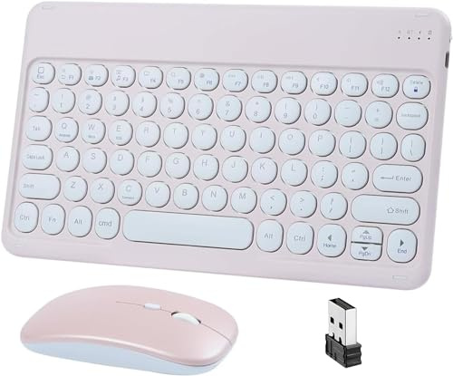 KeautFair Portable Wireless Bluetooth Keyboard and Mouse Mice Set,QWERTY Layout Round Keys Dual Cordless Rechargeable 10“ Slim Cordless 1200DPI for Windows/iOS/Android PC/Laptop/iPad/Smartphone(Pink)