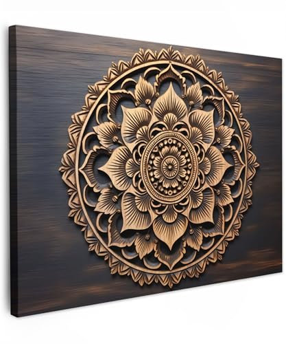 MuchoWow© Impressions sur Toile 70x50 cm Deco Tableau Murale Decoration Salon Peinture Tableaux Chambre Toiles Maison Mandala - Bois - Fleurs - Marron