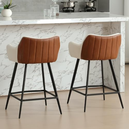 chairus Lot de 2 Tabourets de Bar en Cuir PU + Fausse Fourrure Épissé Modern Tabouret Haut Cuisine avec Pieds en Métal (Blanc(Fausse Fourrure))