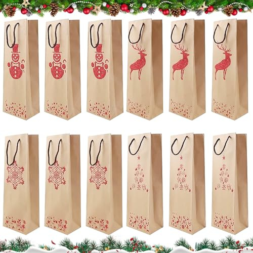 BNGXR Geschenktüten Weintasche Flaschentüten, 12 Stück Weihnachten Weintüten 36×13×8 cm, 4 Stile Kraftpapier Flaschen Tüten mit Henkel für Wein, Geschenktaschen für Wein Whisky Champagner