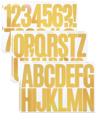 6 Sheets 3 Inch Letter Number Stickers, 96 Pieces Self Adhesive Alphabet for Scrapbooking, Bottle Decor, Mailbox, Door Decoration, No Residue and Waterproof - Gold