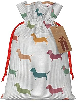 ZISHAK Niedliche Dackel-Hunde-Geschenktüte aus zartem Jute, mit Kordelzug, handwerklicher Stoff, Geschenktasche, perfekt für Weihnachten