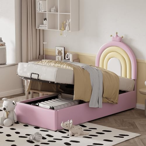 HYUB Kinderbett, Polsterbett mit Stauraum 90x200cm, Hydraulisch Stauraumbett, Einzelbett mit Lattenrost und Höhenverstellbares Kopfteil, für Jungen und Mädchen, Holzlattenunterstützung, Rosa
