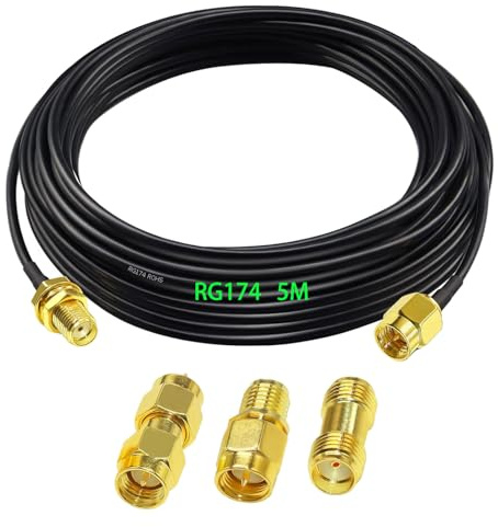 GTIWUNG RG174 SMA Koaxial Verlängerung Stecker auf Buchse RF Koaxialkabel 5M, WLAN Antenne Verlängerungskabel 16,4 Fuß, RG174 500cm Kabel + 3 Stück RF Koaxial Adapter Kit, Verlustarmes