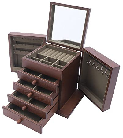 DSYOGX 5 Schichten Schmuckschatulle aus Holz Schmuckkasten Groß Schmuckkästen mit 4 Schubladen Retro Braun Schmuckkoffer für die Zusammenstellung Aller Arten von Schmuck, 30x20x25cm