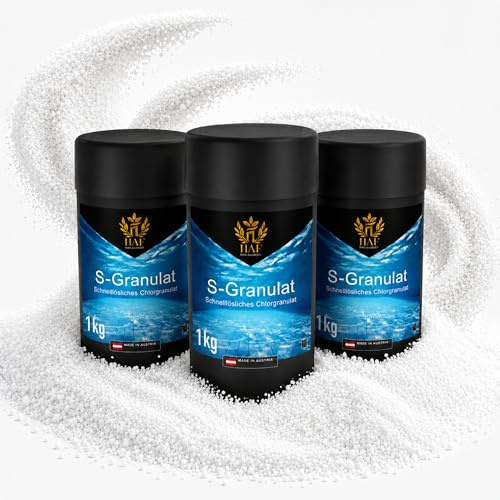 HAF Chlorgranulat für Pool & Schwimmbad (3 x 1 kg Dose) – schnelllösliches S-Granulat zur Schockchlorung, Stoßchlorung & Dauerchlorung – schnelle Pool Desinfektion & klares Wasser – Made in Austria